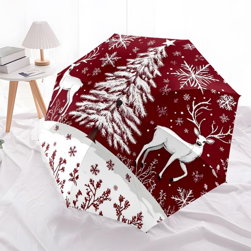 1pc Christmas Scene with Snowy Tree and Deer Umbrella with Plastic Handle,Suitable for All Seasons Home Travel Outdoor UmbrellaDD1298
