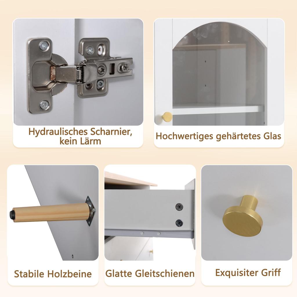 Buffet Sideboard 3 Glastüren & 3 Schubladen, Elegant Küchenschrank Kommode Flurschrank Stauraum, Wohnzimmer Esszimmer, 120cm, Weiß & Holzfarbe