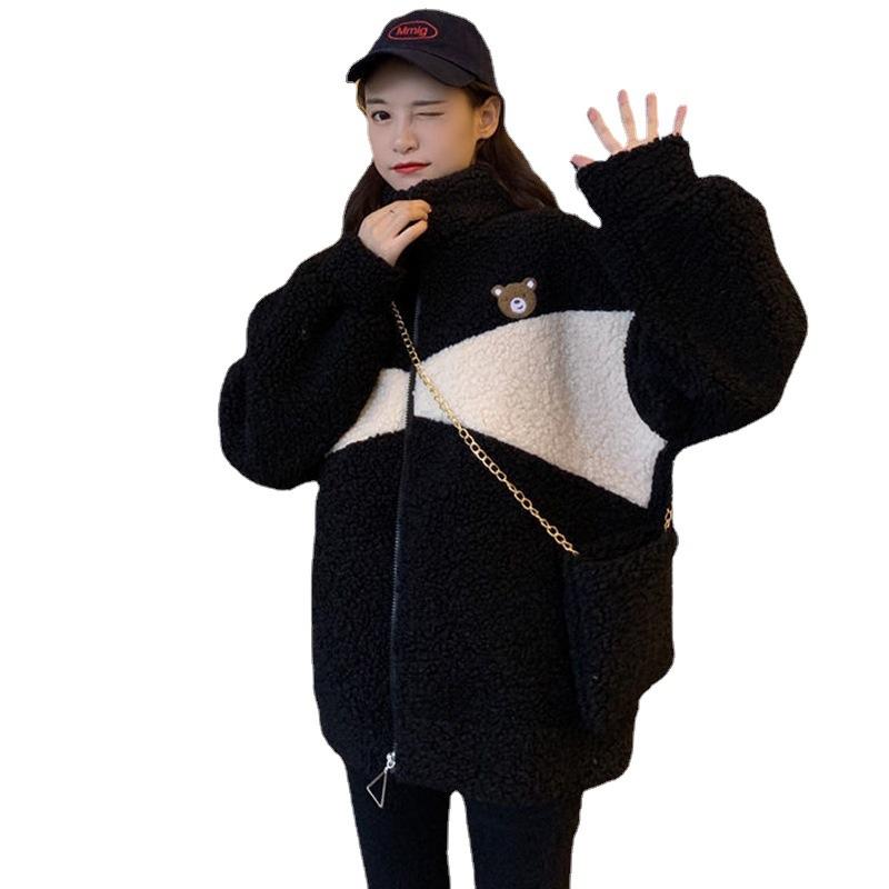 Lamb Plush Zipper Jacket Women's Trendy Autumn and Winter Plus Velvet Student Korean Style Loose and Versatile Sweatshirt for Women