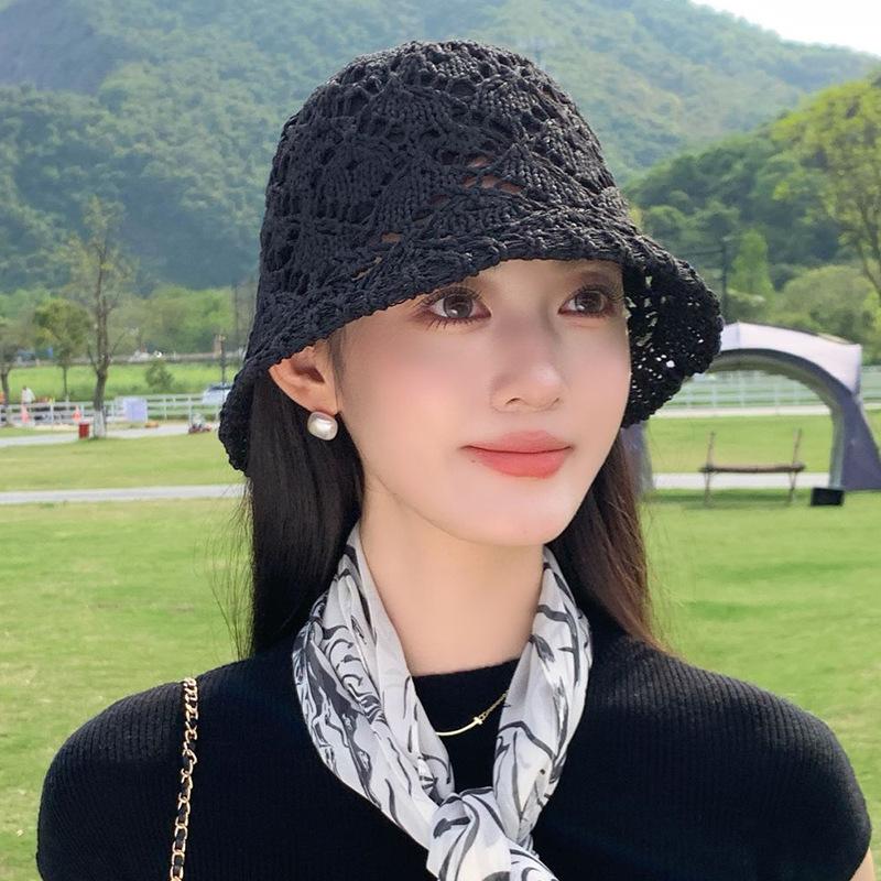 Women Hollow Floral Crochet Bucket Hat Breathable Openwork Knit Fisherman Cap Lightweight Wide Brim Sun Hat