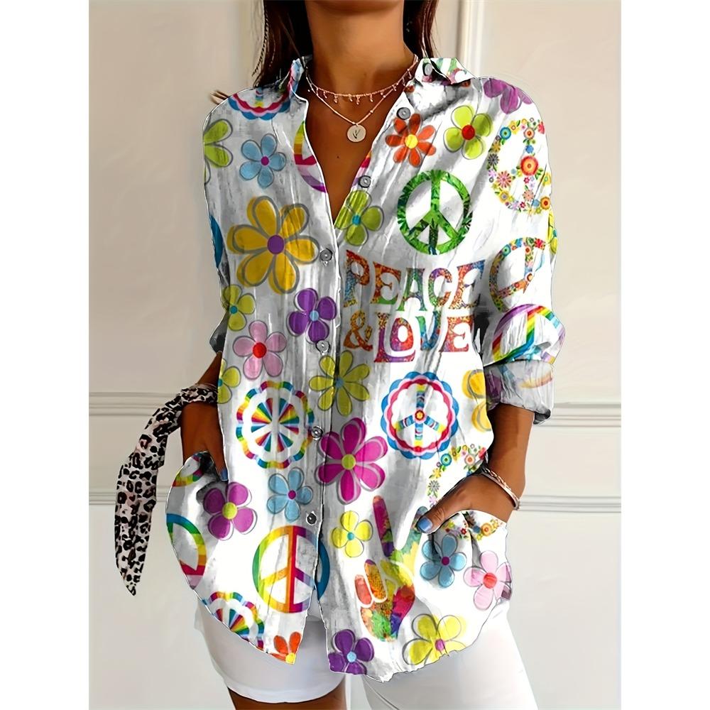 New Summer Fashion Women's Lapel Shirt Big Size Button Long Sleeve Daily Weekend V Neck Tops Floral Printed Loose Casual Shirt