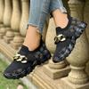 Metal Chain Decor Flat Vulcanize Shoes Women Print Mesh Hollow Out Thick Sole Sneakers Plus Size Comfort Breathable Sports Shoes