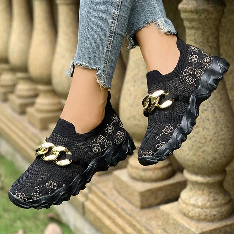 Fashion Metal Chain Decor Flat Vulcanize Shoes Women Print Mesh Hollow Out Thick Sole Sneakers Plus Size Comfort Breathable Sports Shoes