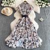 Early spring new high-end fashion lapel flower print dress pleated waist waist thin dress