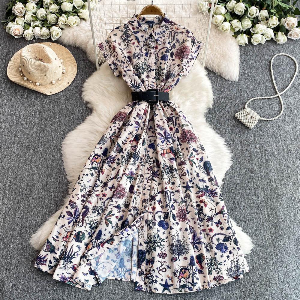 Early spring new high-end fashion lapel flower print dress pleated waist waist thin dress