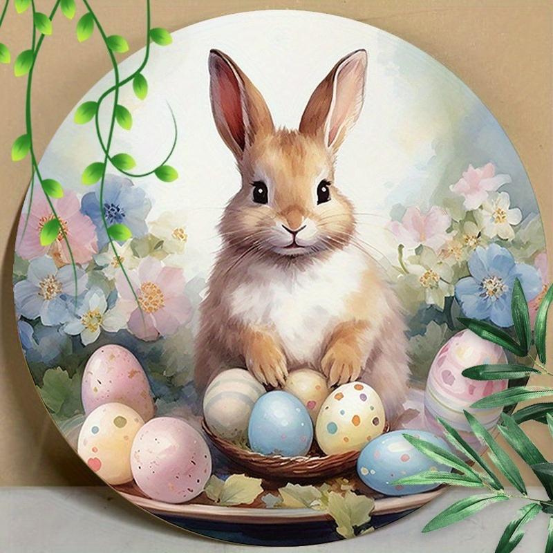 

2D Flat Round Vintage Easter Bunny & Egg Acrylic Decoration Sign, Suitable for Wall Decoration, Porch, Room, Villa, Accents Home, Hallway, or Workplac 20*20cm