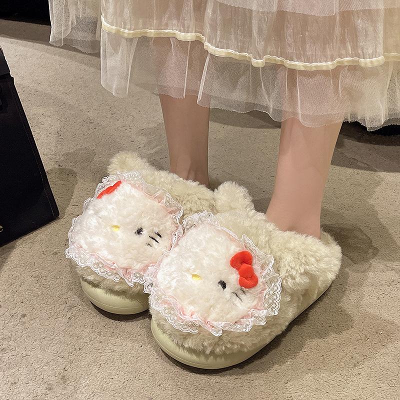 Cute Kitty Fluffy Slippers Women Wear Plush Bag Head Drag 2025 Autumn and Winter New Home Flat Cotton Slippers