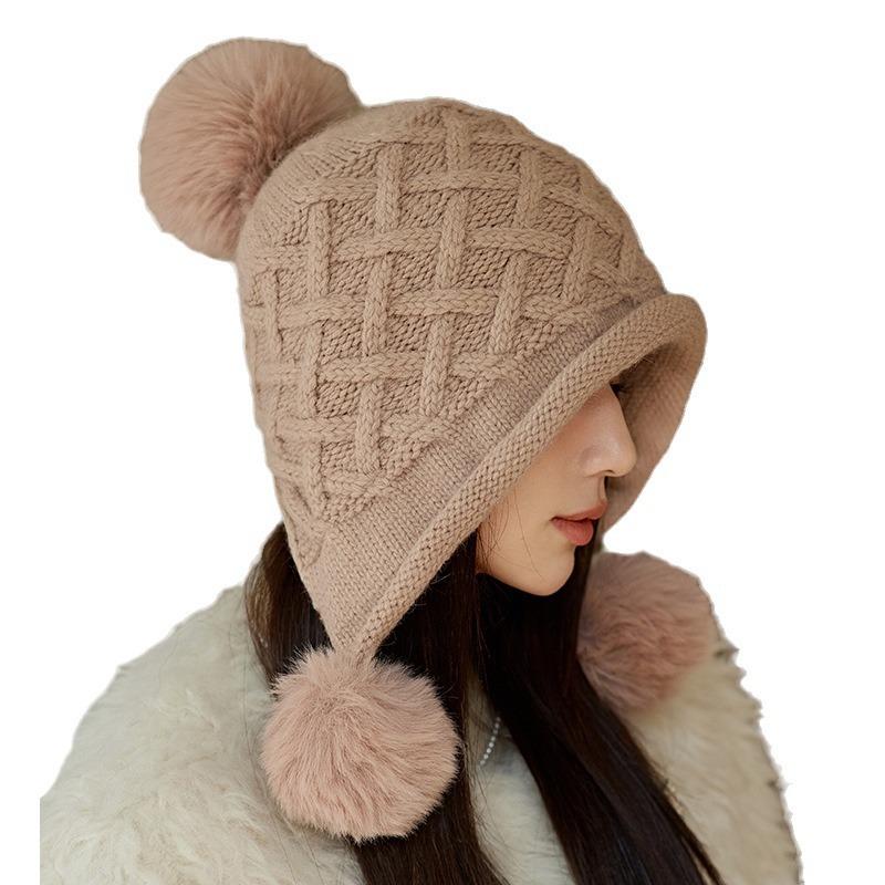 Winter Thick Velvet Knitted Hat Outdoor Warm Ear Protection Three Hair Ball Wool Hat