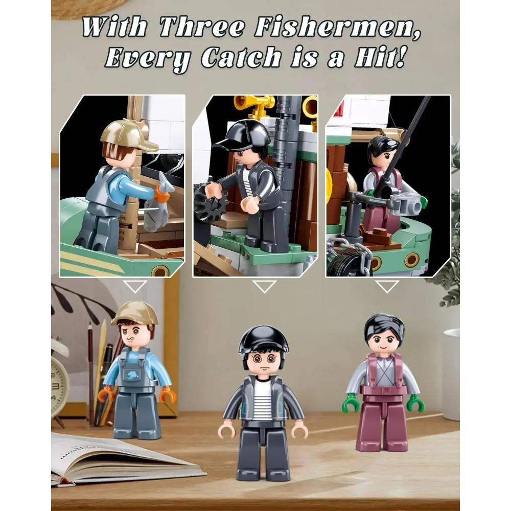 610PCS Fishing Boat Building Blocks Fishing Ship Model With Mini Figures Bricks Set Desktop Display Toys For Kids Holiday Gifts