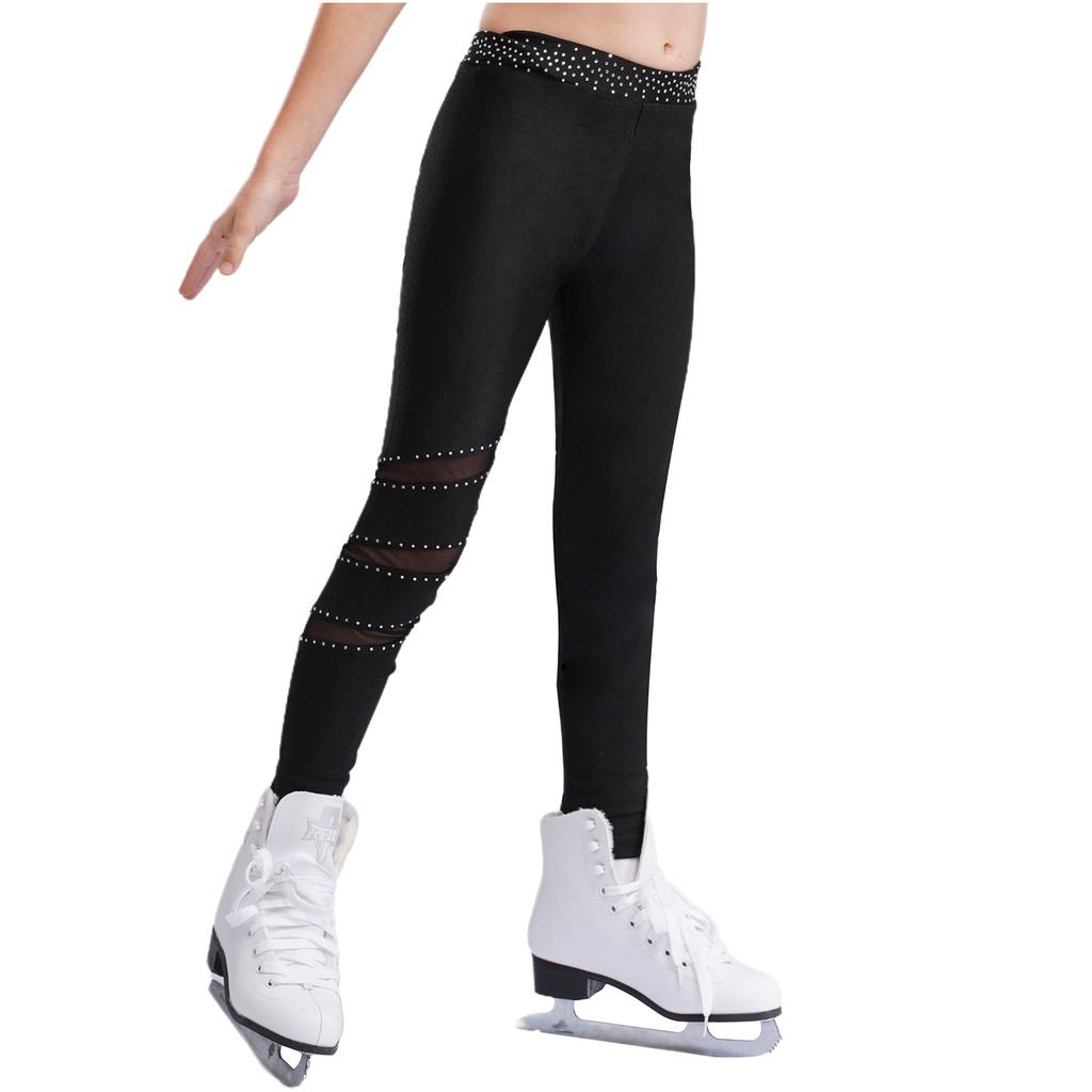 Girls Figure Skating Pants Sparkly Rhinestones Elastic Waistband Leggings Sheer Mesh Patchwork Trousers