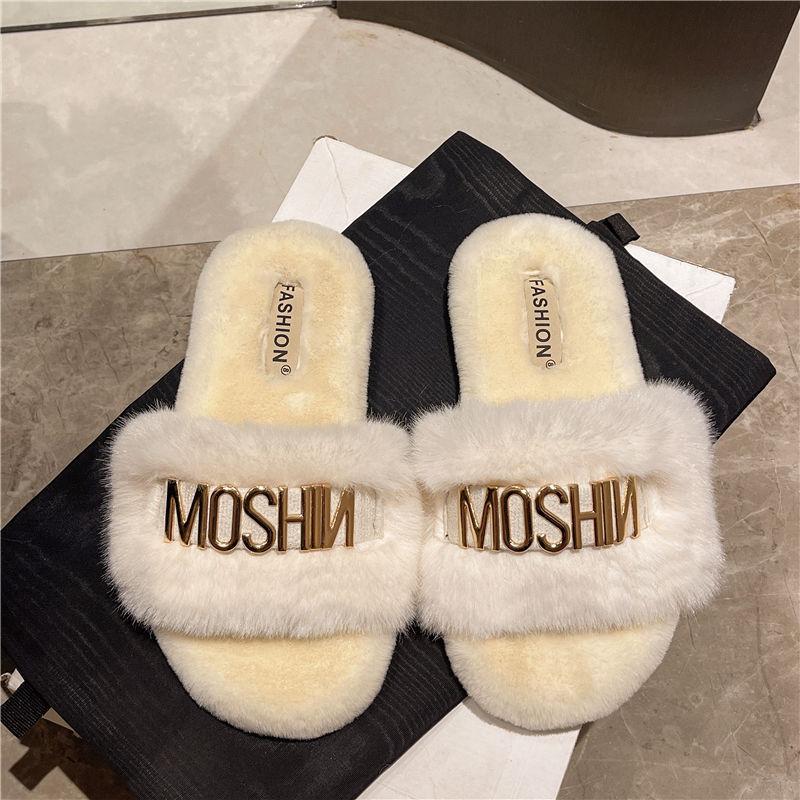 

Large size flat-bottomed fairy wind fluffy slippers female outer wear 2025 autumn and winter new versatile one-word cotton slippers 37 слоновая кость