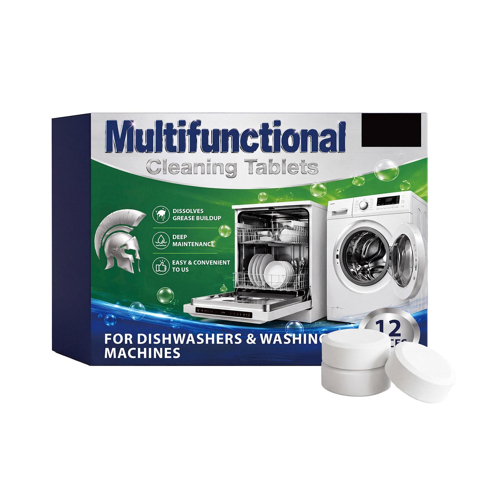 Multifunctional Cleaning Tablets for Dishwashers and Washing Machines Dissolves Grease Buildup Deep Maintenance Easy to Use 12 Tablets Pack One Size