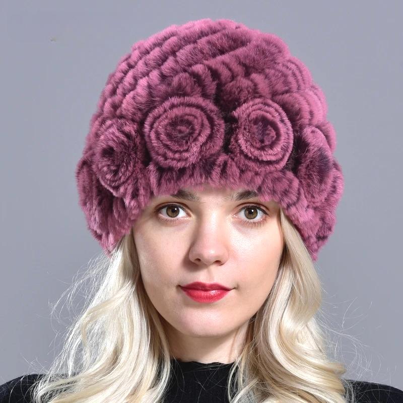 Raglaido Rabbit Fur Hats for Women Winter Floral Real Fur Hat Women's Beanies Elastic Warm Fashion Ladies Snow Hat LQ11204