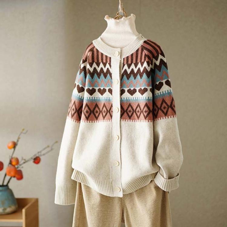 Damen Retro Jacquard Rundhals Locker Gestrickte Strickjacke Frühling Herbst Ethnischer Stil Pullover Mantel Top