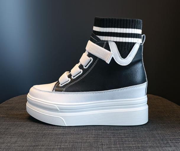 Fashion Spring Autumn Women High Top Sneakers Breathable Thick Sole Chunky Sneakers Ankle Boots 8cm Platform Booties Wedge Boots White