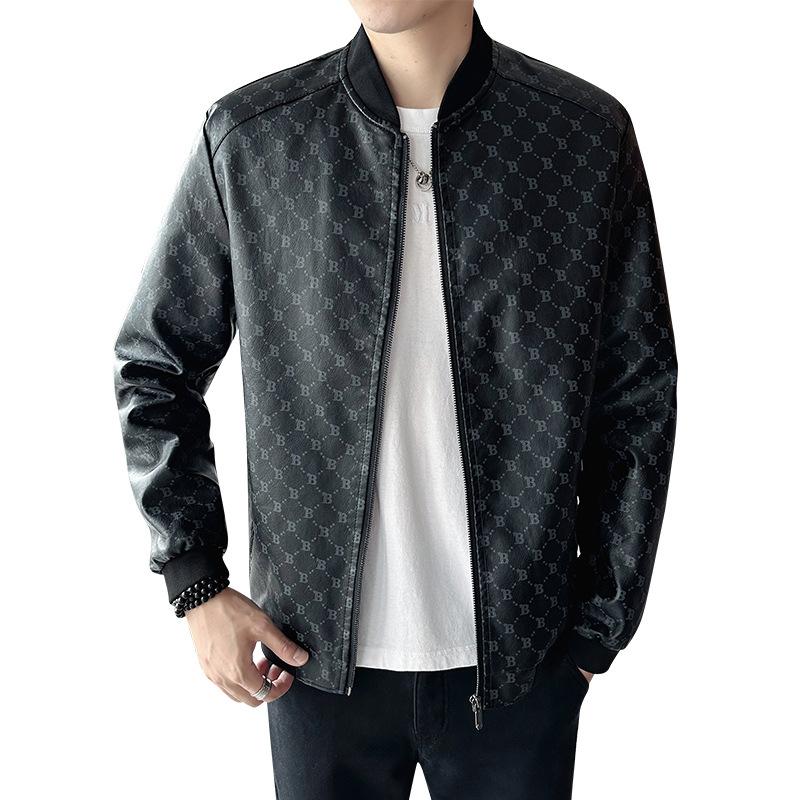 Lederjacke Herren Frühling Herbst Winter Trend Hübsche und übergroße Plüsch Baseball Kragen Bedruckte Lederjacke Motorradjacke