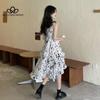 French Style Gentle Floral Print Sling Waist Dress Women's Summer Design Printed Irregular Skirt Ruffled Dress