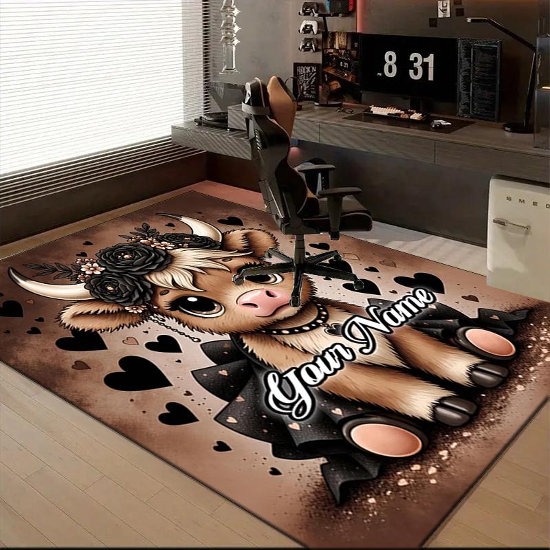 1PC Custom Name Cow Flowers Hearts Theme Floor Mat Ideal for Living Room, Game Rooms, Office, Bedroom, Office Floor Mat , Floor Mats for Home