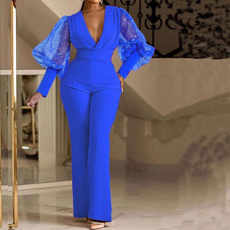 2022 Fall/Winter Women's European & American Style Mesh Spliced Long-Sleeve Slim Wide-Leg Jumpsuit