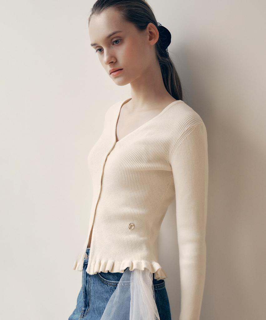 Rolarola V Neck Ruffle Cardigan Ivory