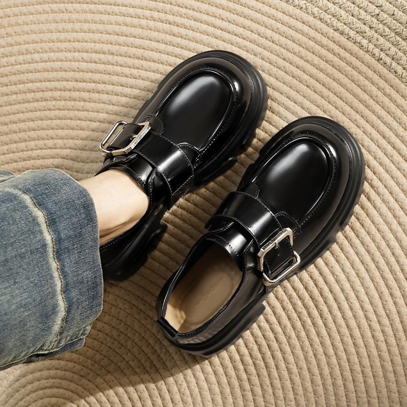 

Натуральная кожа на плоской подошве для женской обуви Huizhou, виноградные мокасины той же расцветки на платформе, осень-зима, новые британские маленькие кожаные туфли 34 чёрный