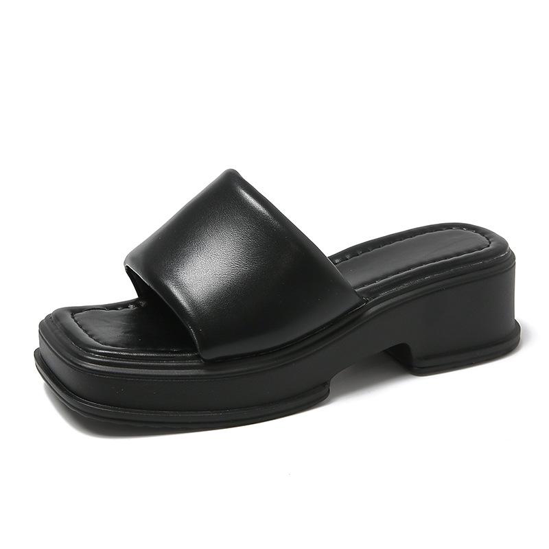 Casual thick-soled one-word drag women's shoes muffin bottom summer wear 2025 new sandals increase the feeling of stepping on shit in shoes