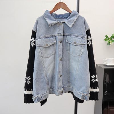 Autumn and Winter New Splicing Denim Sweater Jacket Design Sense Loose Casual Knitted Cardigan Women