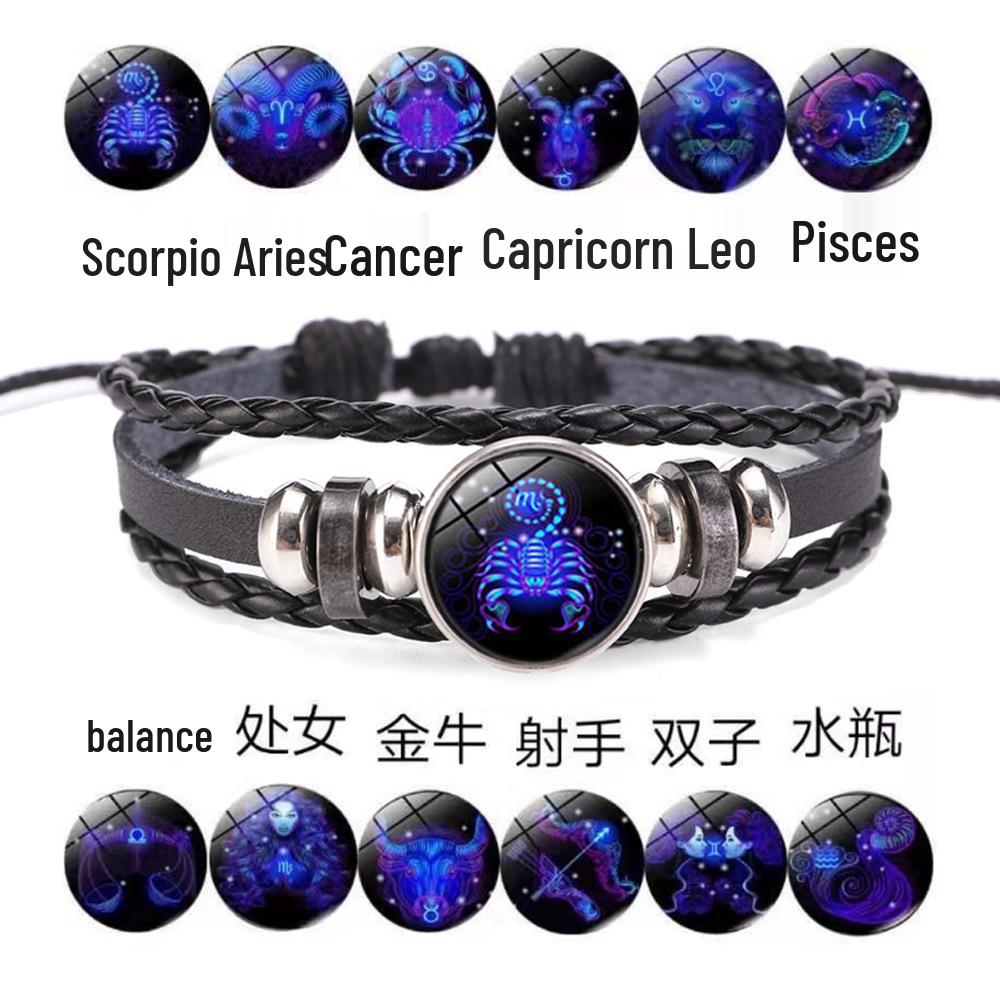 

Twelve Constellations Couple Leather Bracelet: Korean Retro Braided Design, Perfect Student Gift