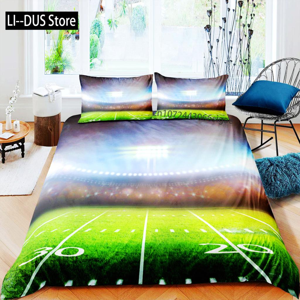 Green Football Field King Queen Duvet Cover Soccer Field Comforter Cover Boys Men Sport Games Bedding Set Polyester Quilt Cover