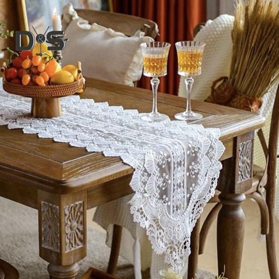 Spets Virkad Bordsflagga Vit Broderi Blommönster Bordslöpare Säsongsbetonad Bondgård Matbordsdekoration