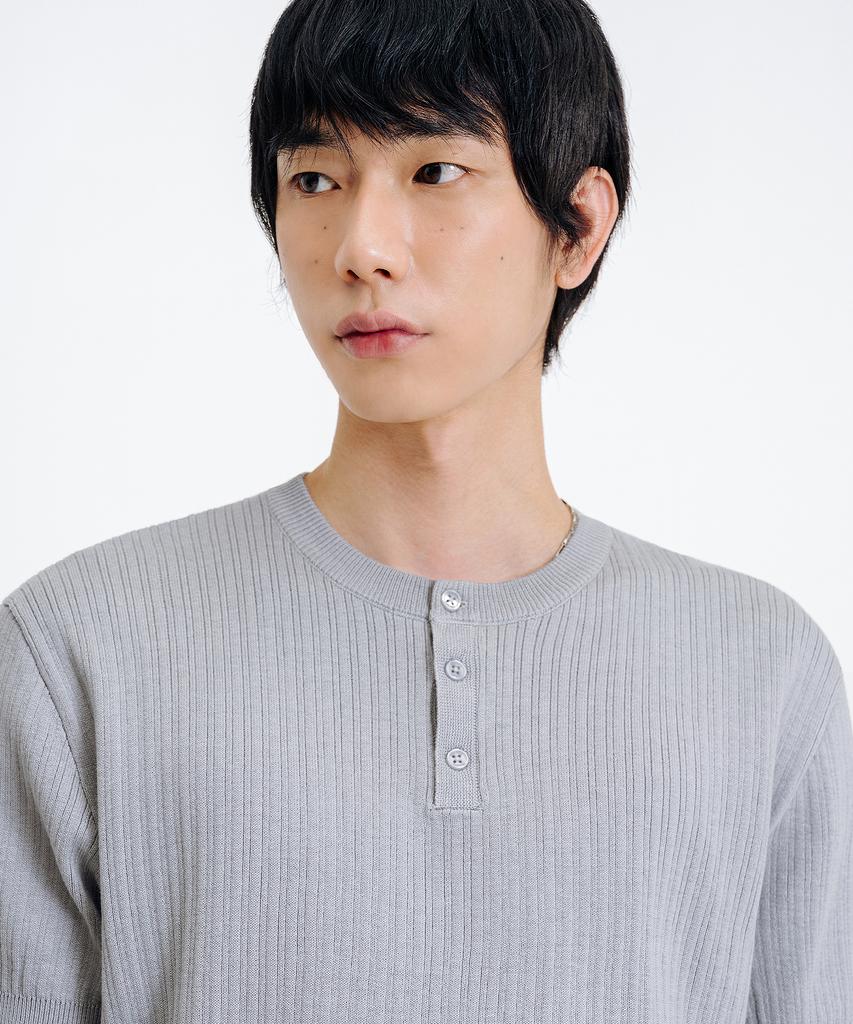 LEMAIN SECOND Classic Henley Neck Washable Short Sleeve Knit [Gray]