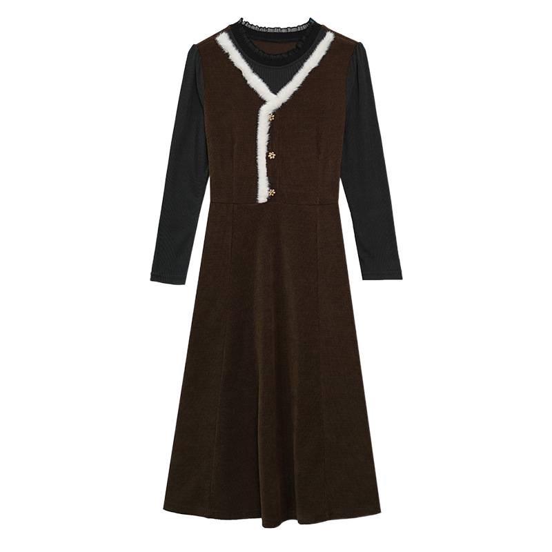 2026 Autumn/Winter Elegant Hepburn Style Slimming Patchwork Mid-Length Dress