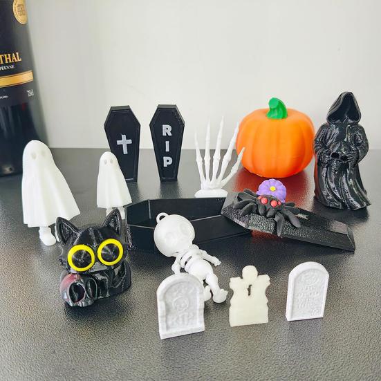 20 Pcs/Set Halloween Miniatures Mini Grim Reaper Skull Figurines Miniature Casket Pumpkin Ornaments for Home Desktop Decoration