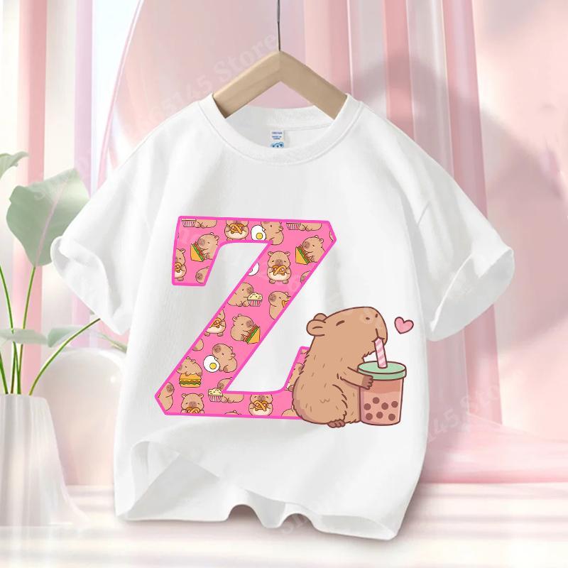 Capibara Cute T-shirt Kids Anime Capybara Letter A-Z Tees Girls Summer Short Sleeve Cotton Tops Children Clothes Gift Hot Sales
