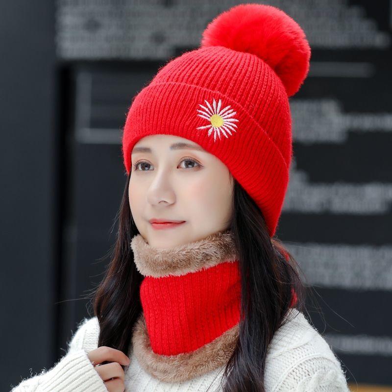 Winter Knitted Scarf Hat Set Thick Warm Skullies Beanies Hats for Women Outdoor Cycling Riding Ski Bonnet Caps Tube Scarf Rings