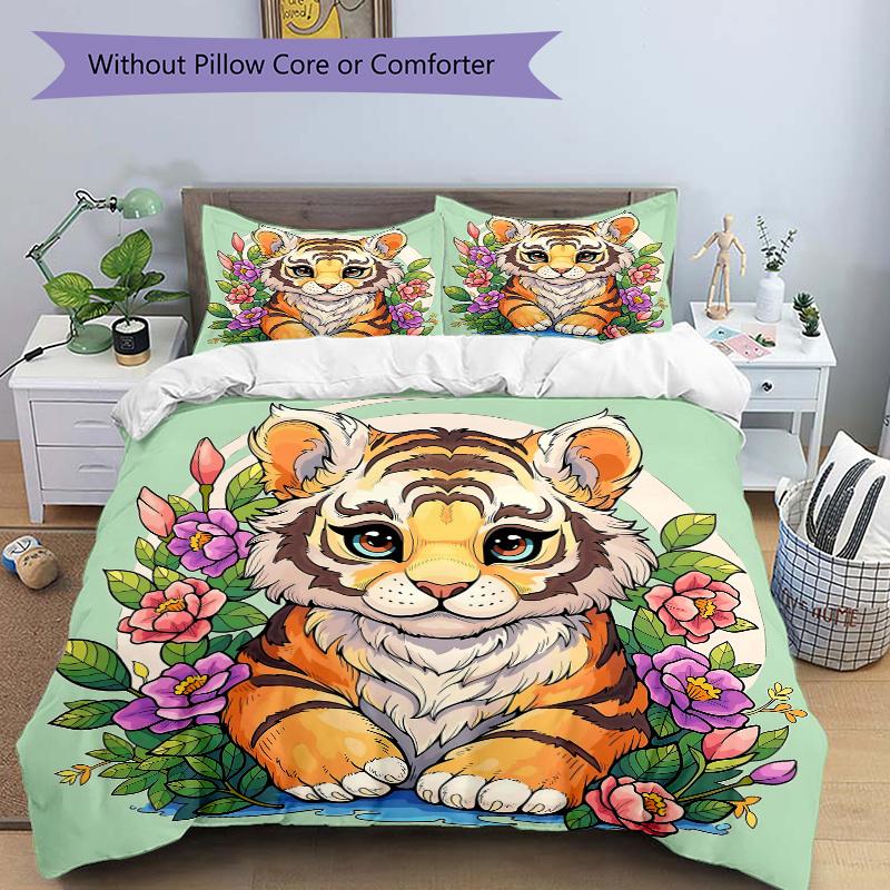 

3pcs Cute Tiger Quilt Cover Set (1 Quilt Cover + 2 Pillowcases Without Pillow Core), High-Definition Printing for Home and Dormitory.L031 135x200cm