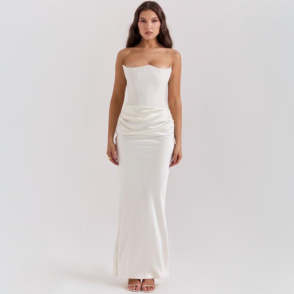 Women's Strapless Notched Satin Bodycon Maxi Dress Ruched Waist Backless Mermaid Hem Spring Elegant Evening Cocktail Wedding Guest Gown