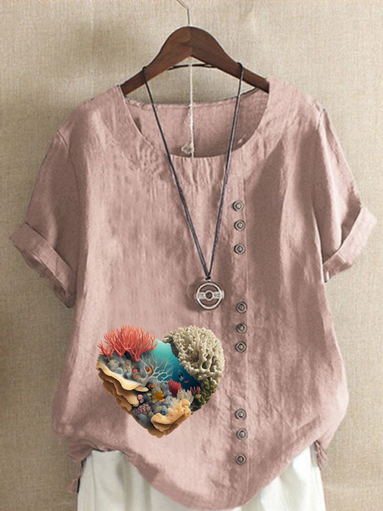 Women's Fashion Coral Heart-shaped Print Shot Sleeve T-shirt Loose Cotton Shirt Casual Loose Summer Blouse Tops Plus Size
