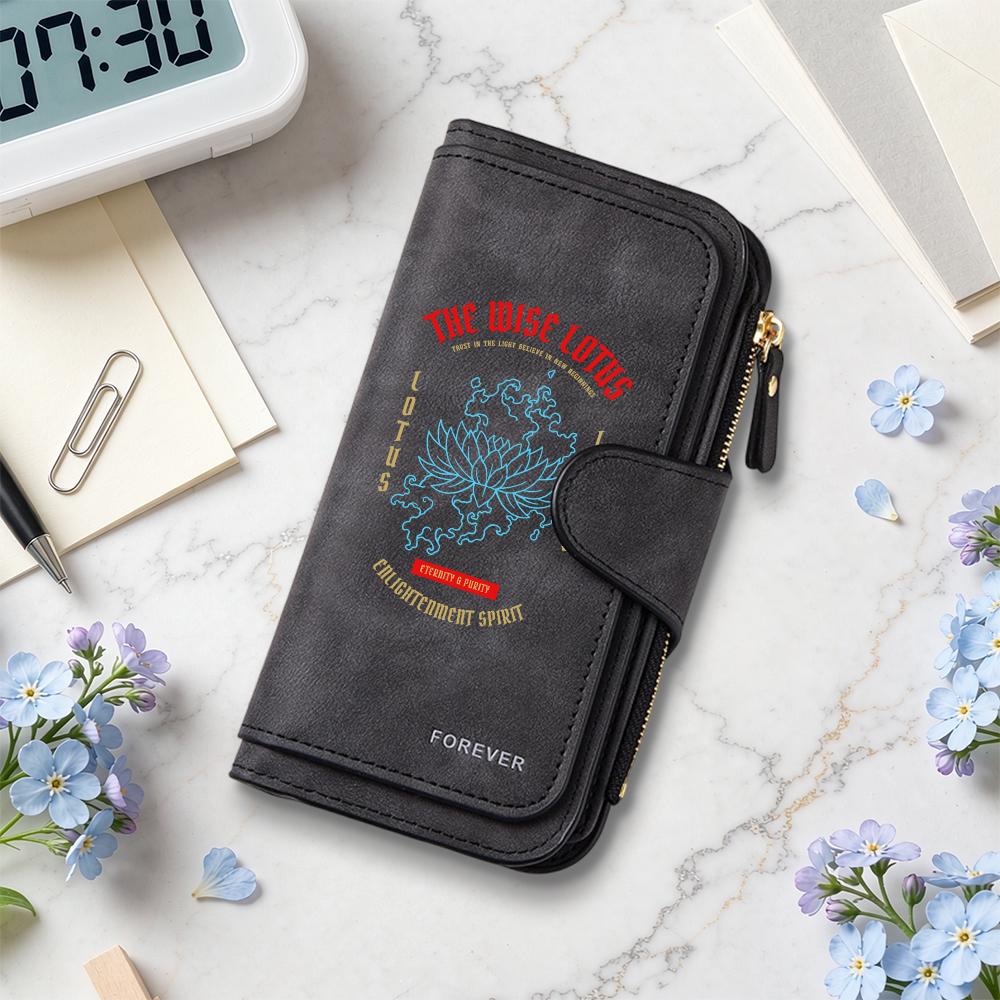 Vintage Long Wallet Lotus Pattern Multi Card Slot Coin Purse Daily Use Fashion PU Leather Wallet