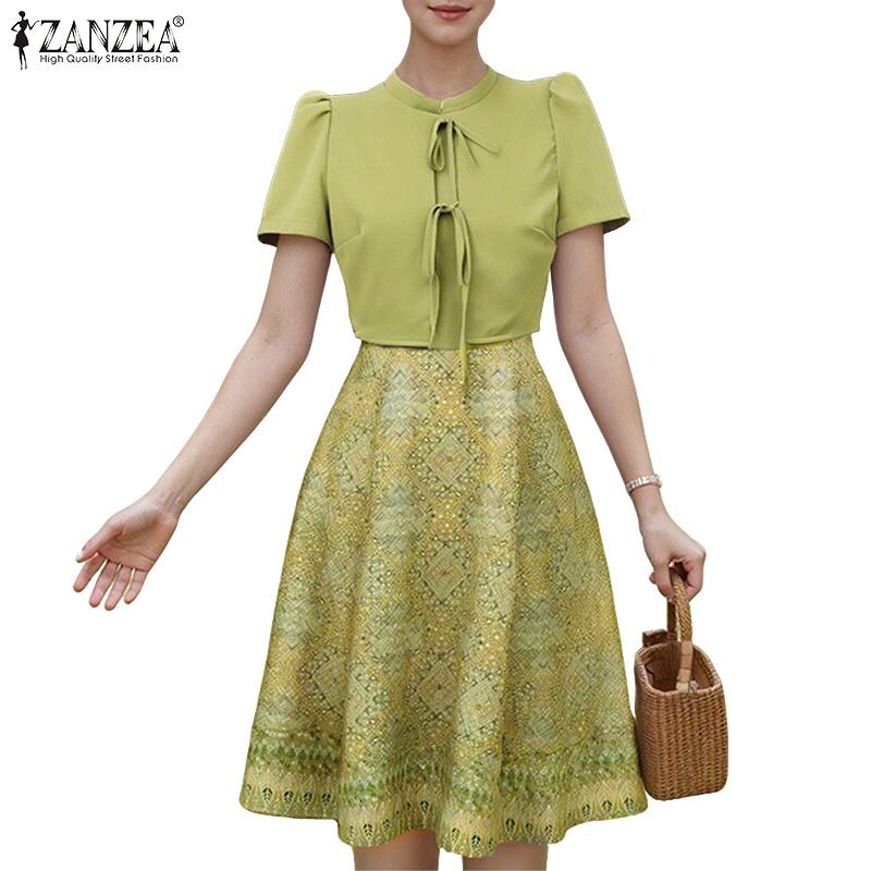 ZANZEA Women Casual Round Neck Short Sleeve Summer Print Dress