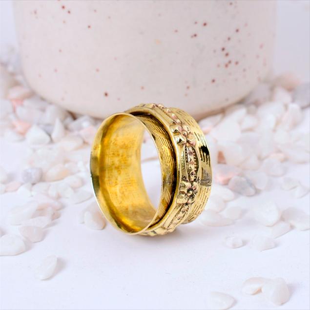 

Handmade Brass Wide Band Ring | Intricate Carved Floral & Leaf Pattern | Bohemian Vintage Statement Jewelry Gift 8