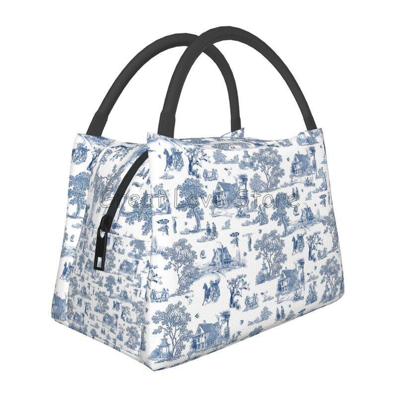 French Toile De Jouy Thermal Lunch Bag Unisex Portable Insulated Cooler Bento Tote Bag for Picnic Work Reusable Packed Lunch Box