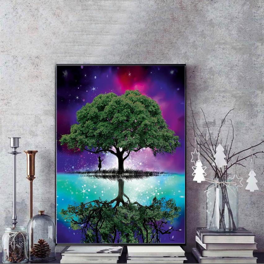 Round Diamond 5D DIY Diamond Painting Big Tree and Reflection Embroidery Cross Stitch Mosaic Decoration Gift