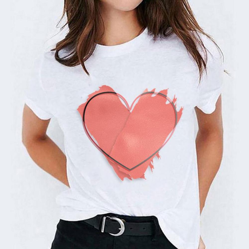 Glanzende Rode Liefdeshart Print T-shirt Dames Oversized Casual Los T-shirt Streetwear Dagelijkse Mode Top Duurzaam Grote Maten Blouse