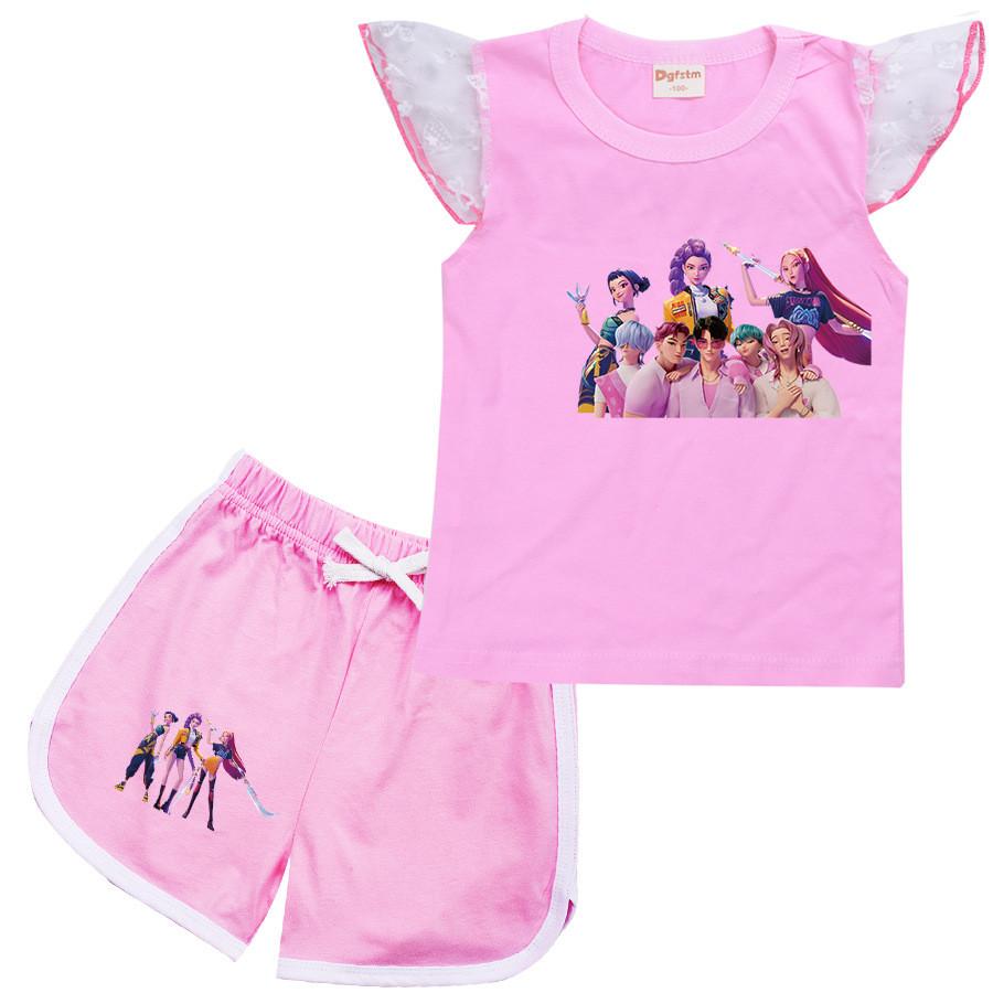 Kinder Mädchen Anime Cartoon POP Sängerin Rumi Zoey Mira Bedrucktes Lässiges Mesh Kurzarm T-Shirt Shorts Kleidung Set