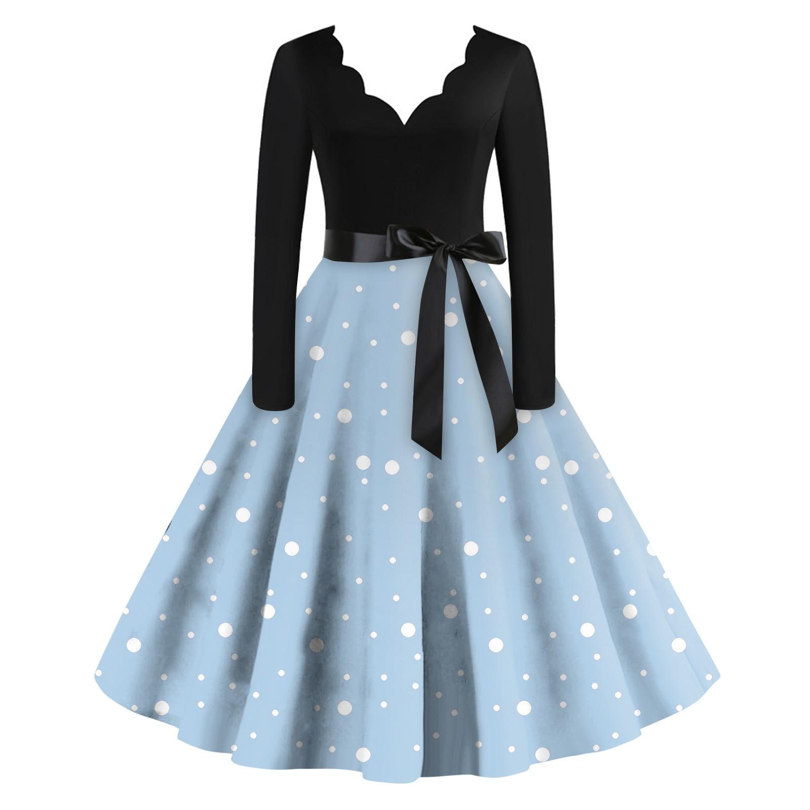 Женское повседневное модное платье с V-образным вырезом и длинными рукавами в стиле ретро — фото 12