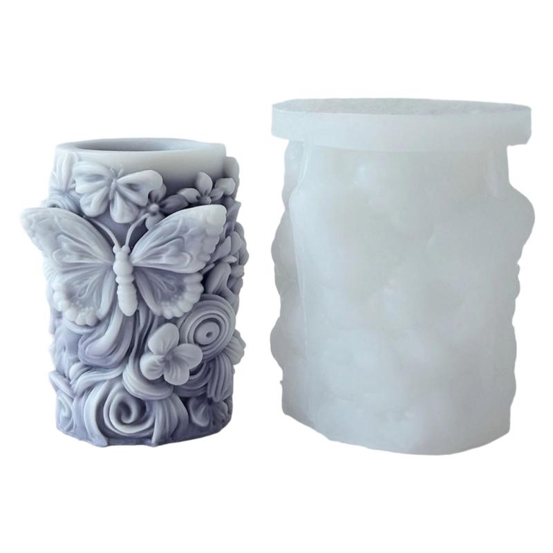 Silicone Cylinder Candle Mould With Florals Butterfly Embossed Designs for Artistics Handmade Candle and Home Decoration