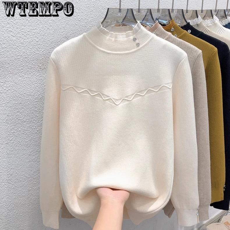 Women's Semi High Neck One-piece Velvet Pullover Sweater with Added Velvet Thickness Base Sweater Solid Color Casual Knit Sweater Autumn and Winter