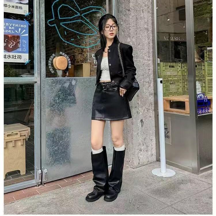 Cowhide Version Retro Platform High Tube Leather Boots Fat Mm Big Tube Circumference Round Head Thick Heel Trouser Tube Boots Women's Western Boots