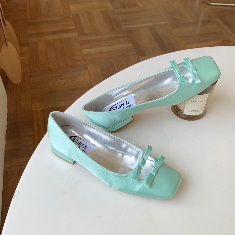

2025 spring and autumn new Korean version of fashion single shoes square head candy color Mary Jane bow light mouth thick heel women 39 серо-зеленый